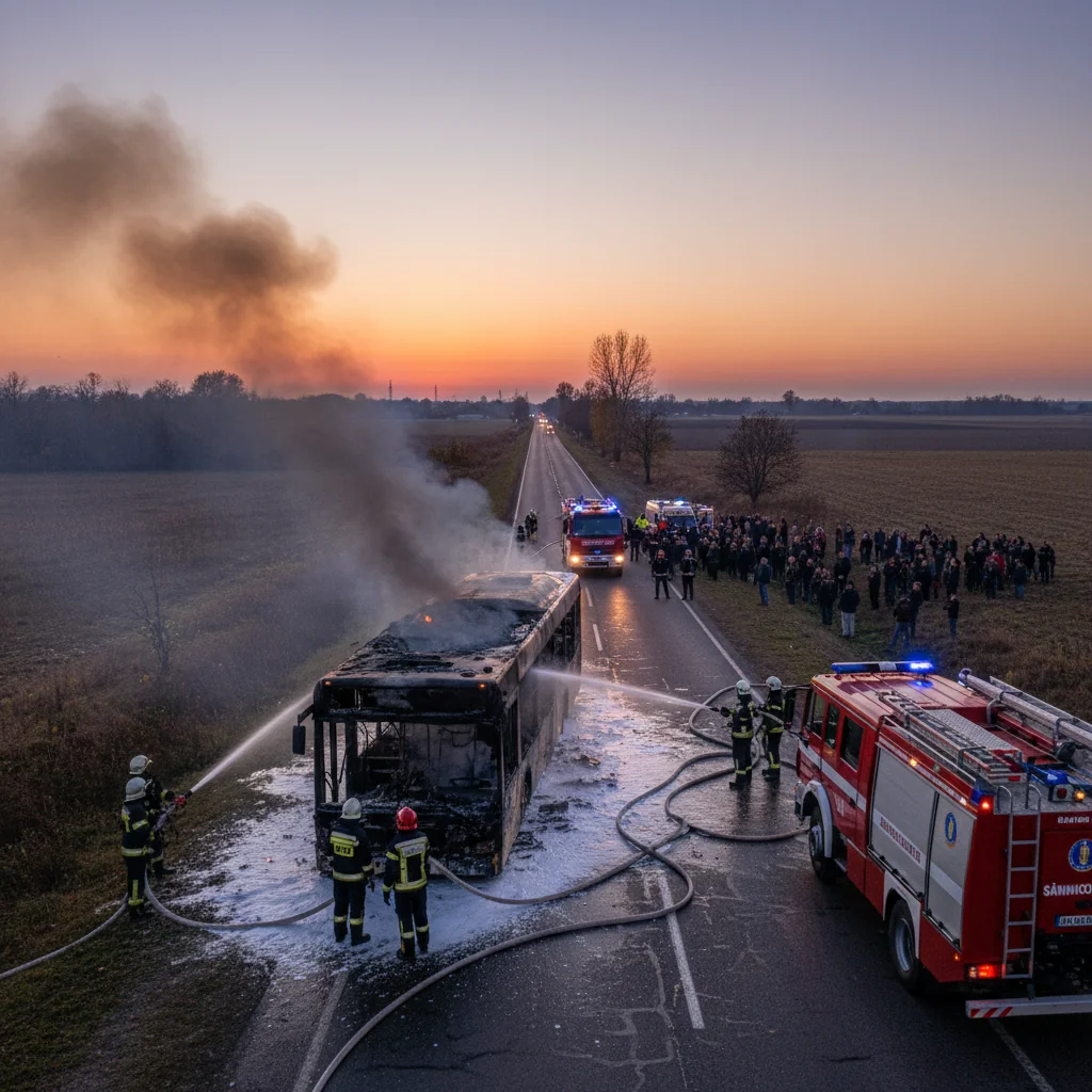 Autobuz cu peste 50 de pasageri, cuprins de flăcări în județul Timiș. Intervenție rapidă a pompierilor din Sânnicolau Mare, anunțată la Timișoara