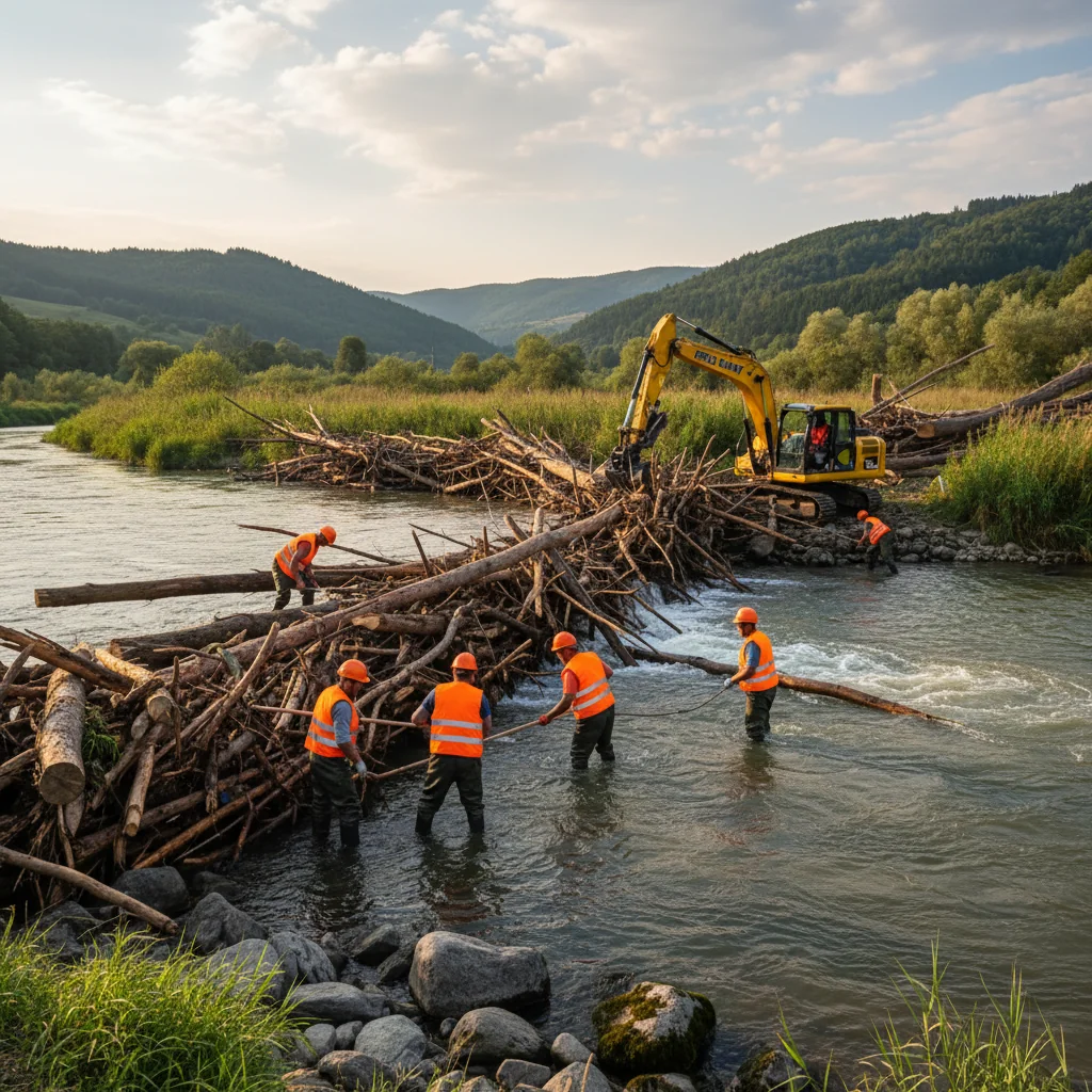 Intervenție pe râul Timiș la Timișoara pentru îndepărtarea materialului lemnos acumulat la un pod