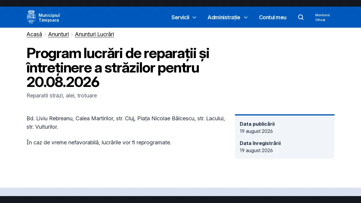 Timișoara: lucrări de reparații pe șase artere, programate pe 20 august