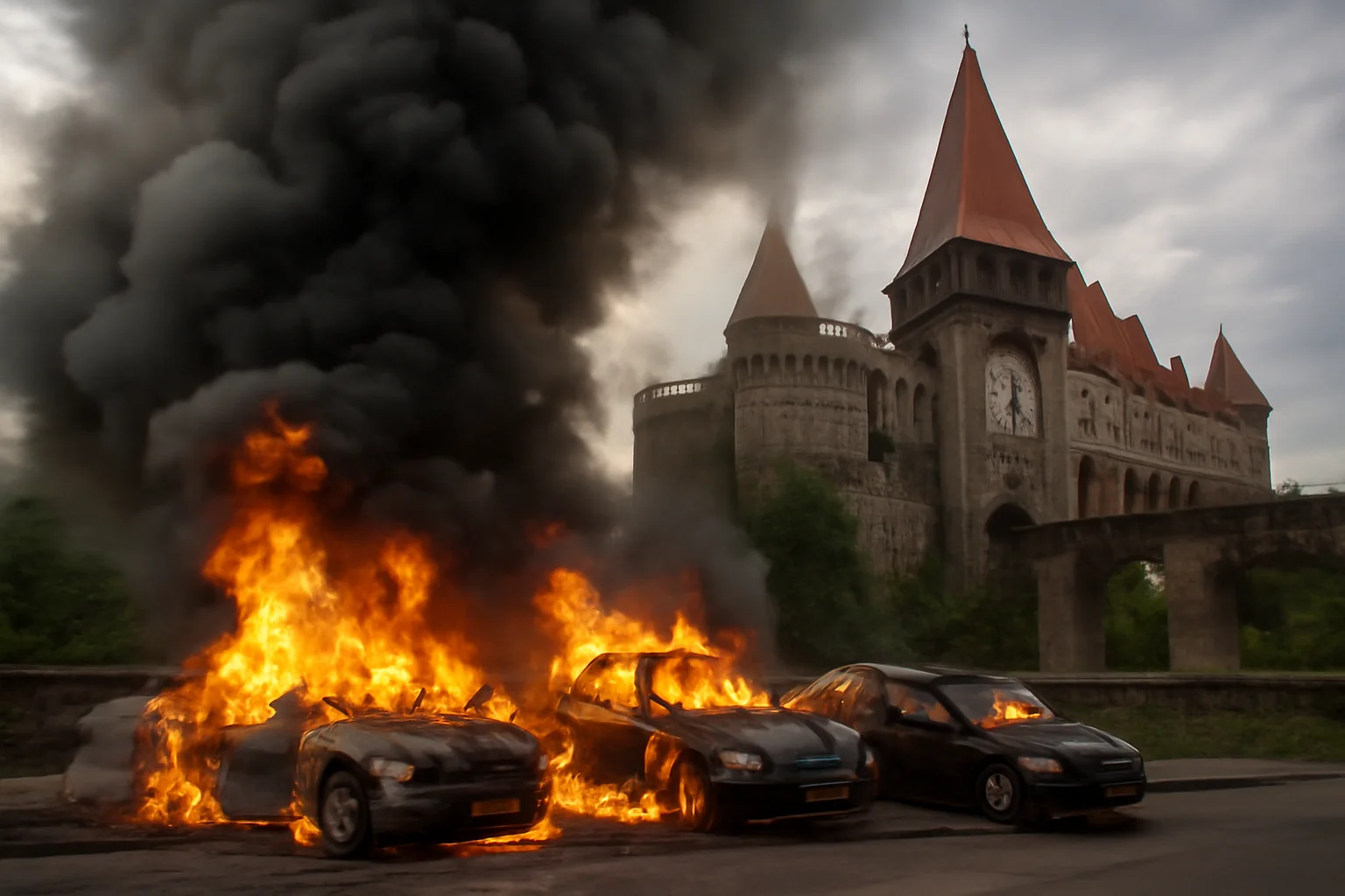 Trei mașini în flăcări lângă Castelul Corvinilor, șofer rănit. VIDEO exclusiv!